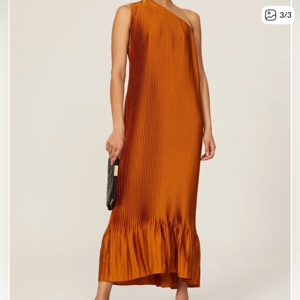 One-Shoulder Rust Pleated Maxi Dress